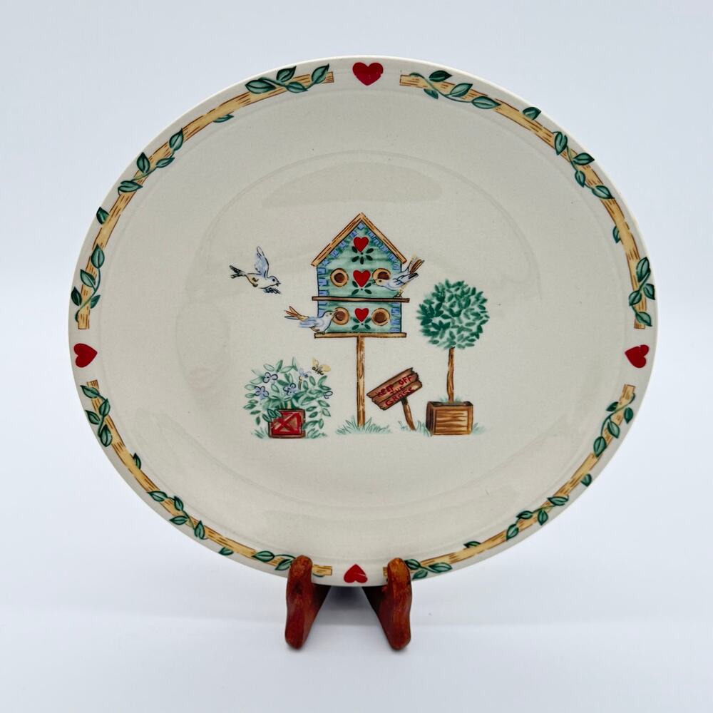 Hand-Painted Birdhouse Ceramic Serving Plates - Cream and Green (Set) - Picture 2 of 13